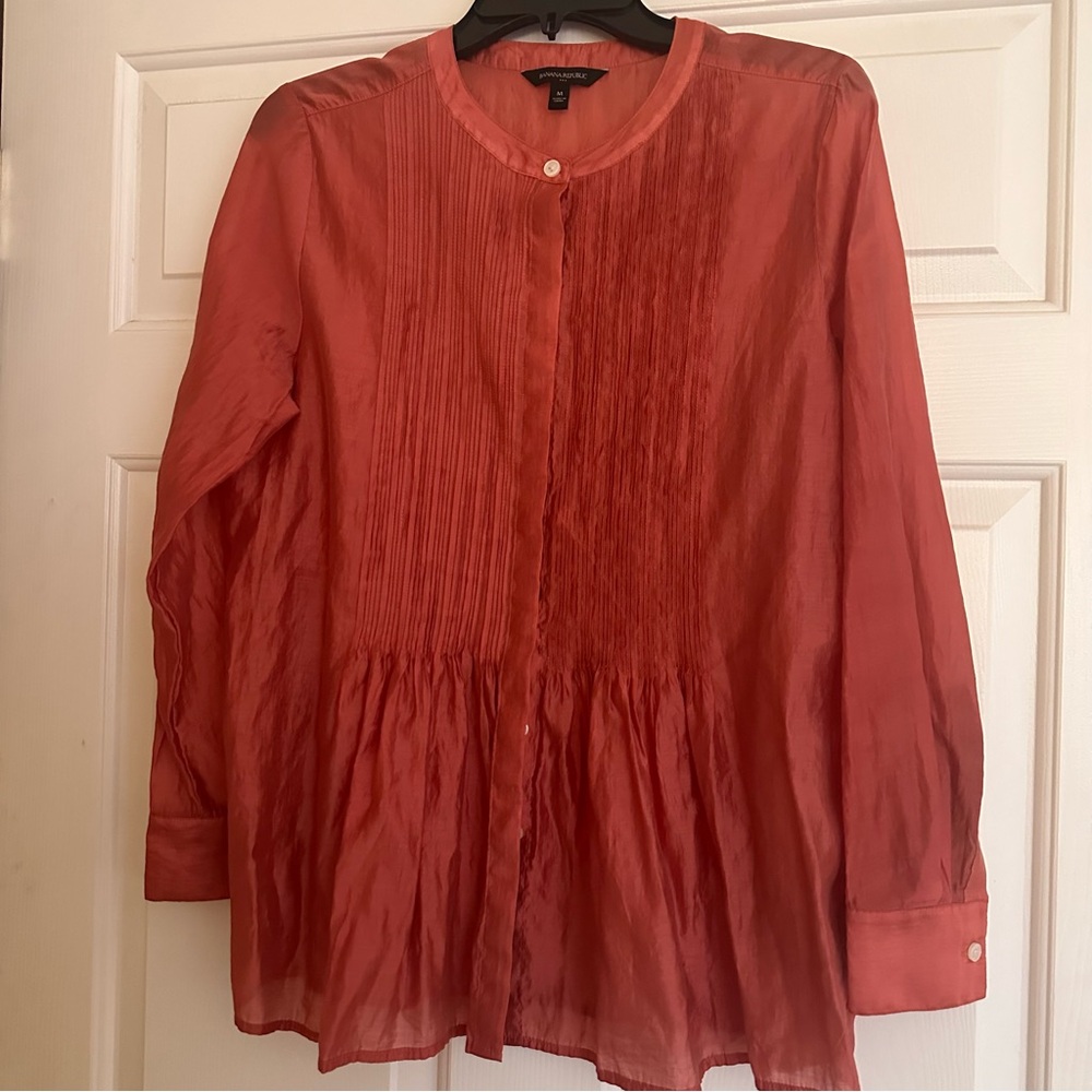 Banana Republic Sheer Red Pintuck Peplum Blouse